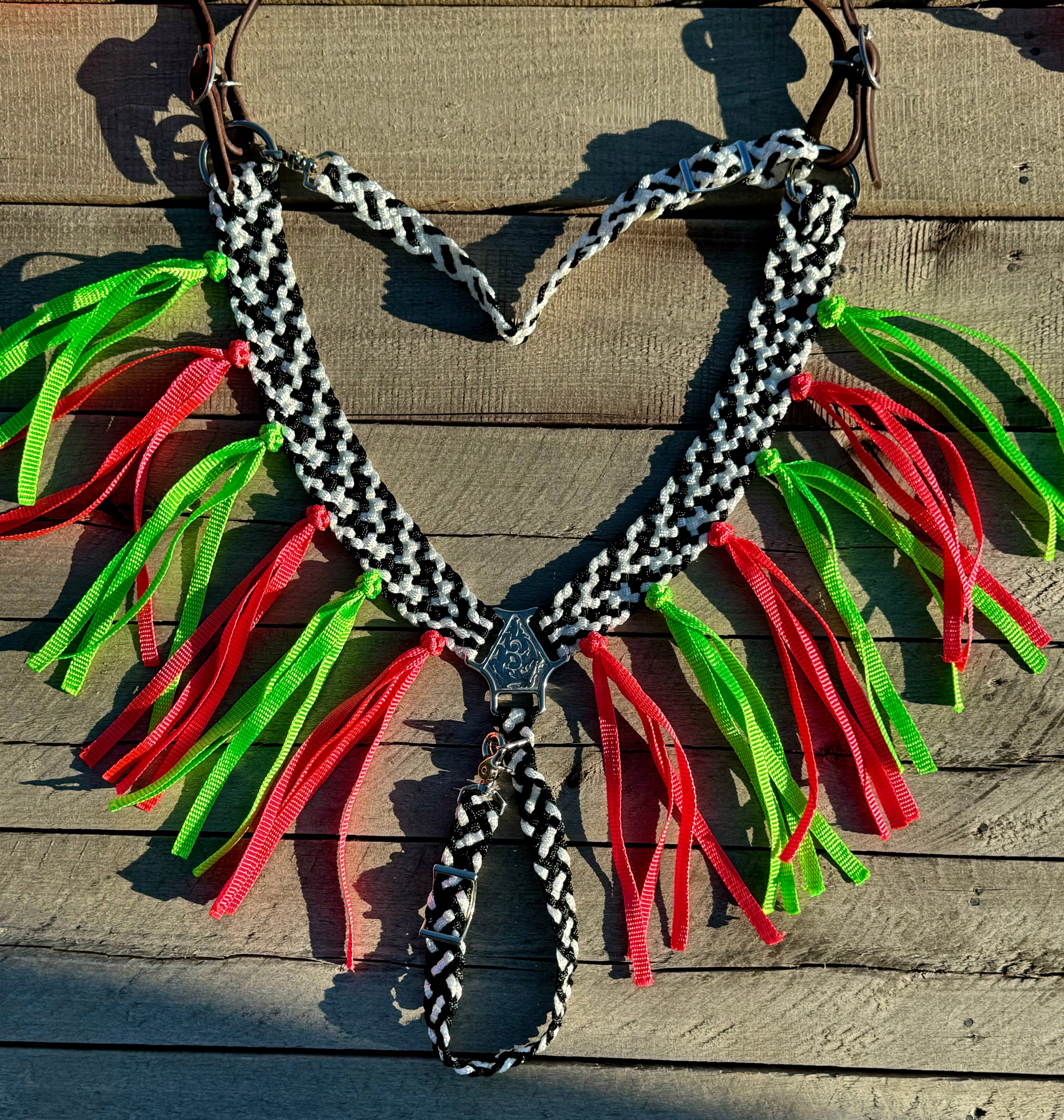 “Checkered” Breast Collar & Wither Strap with Pink & Green Fringe