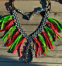 “Checkered” Breast Collar & Wither Strap with Pink & Green Fringe